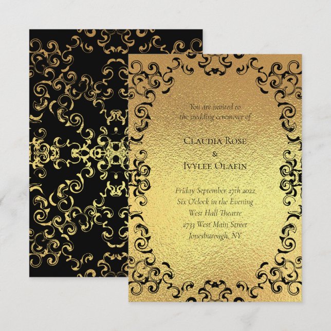Invitation Mariage gothique or et noir (Devant / Derrière)