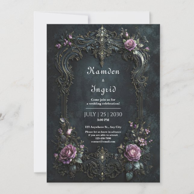 Invitation Mariage Gothique Orné Rose Pourpre Filigrane (Devant)