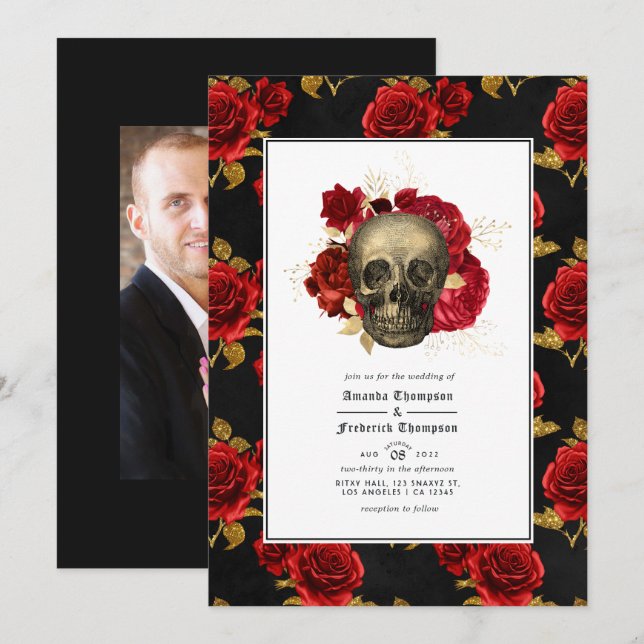 Invitation Mariage gothique photo crâne floral (Devant / Derrière)