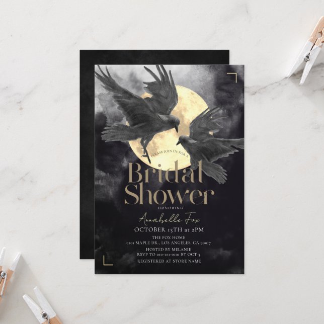Invitation Mariage gothique Raven & Golden Moon (Devant/Arrière en situation)