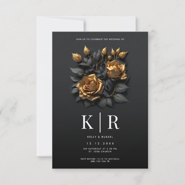 Invitation Mariage gothique Rose d'or noir (Devant)