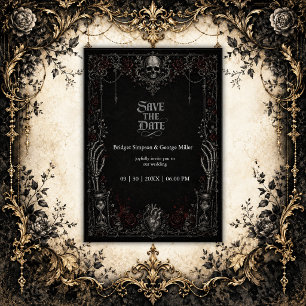 Invitation Mariage Gothique Rose Noire Crâne Coeur