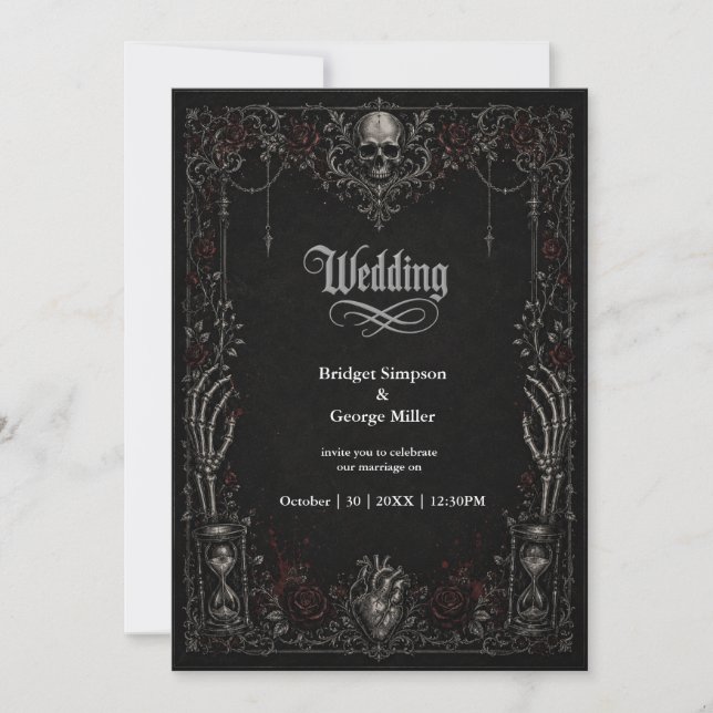 Invitation Mariage Gothique Rose Noire Crâne Coeur  (Devant)