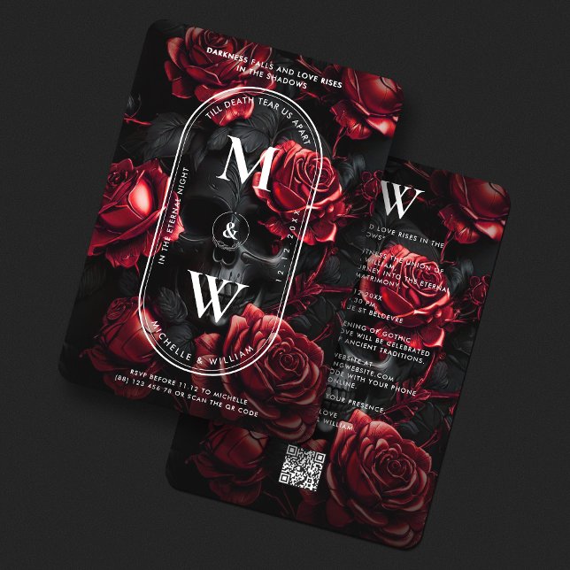Invitation Mariage gothique Roses de crâne Monogramme noir ro (Gothic Wedding Skull Roses Monogram Black Red Invitation
)