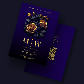 Invitation Mariage gothique Roses élégant bleu foncé or