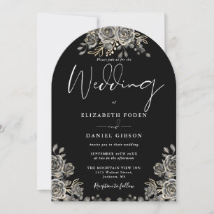 Invitation Mariage gothique Roses Florales Noir et Blanc Arch