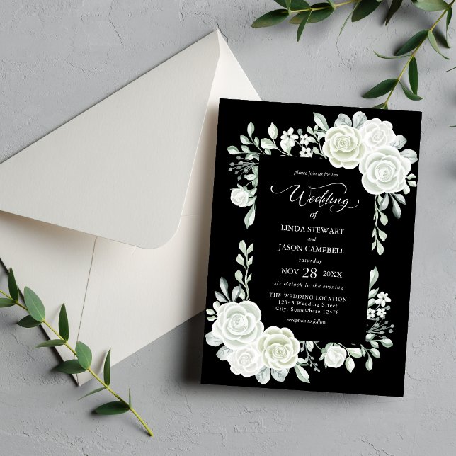 Invitation Mariage Gothique Roses Tropicales Noir et Blanc (Gothic black and white tropical roses invitation sets a bold, dramatic wedding tone.)