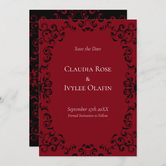 Invitation Mariage gothique rouge et noir (Devant / Derrière)