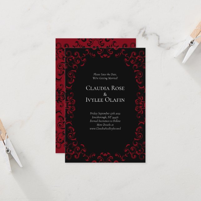 Invitation Mariage gothique rouge et noir Swirl Enregistrer l (Devant/Arrière en situation)