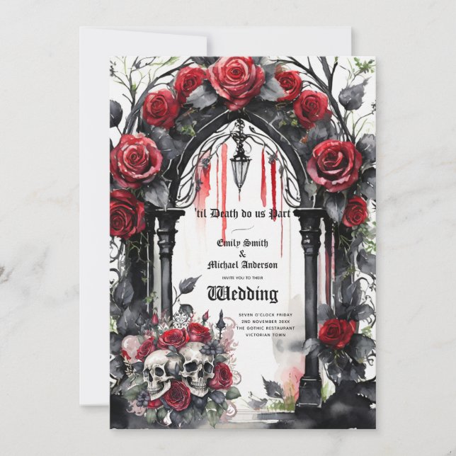 Invitation Mariage gothique Rouge Noir Rose Crânes Arch (Devant)