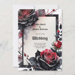 Invitation Mariage gothique Rouge Noir Rose Crânes Arch