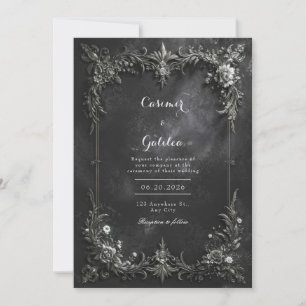 Invitation Mariage gothique sombre à motifs floraux métallisé