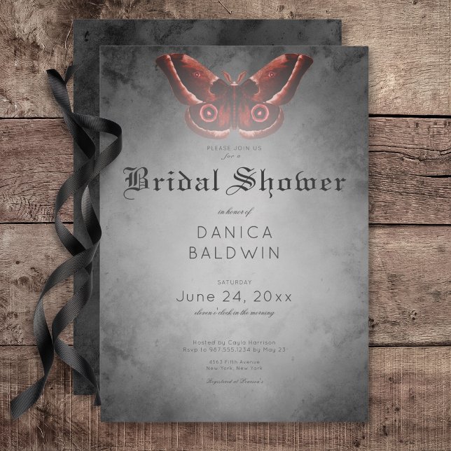 Invitation Mariage gothique sous thème d'eau noire et papillo (Gothic Black Watercolor Red Moth Bridal Shower Invitation)
