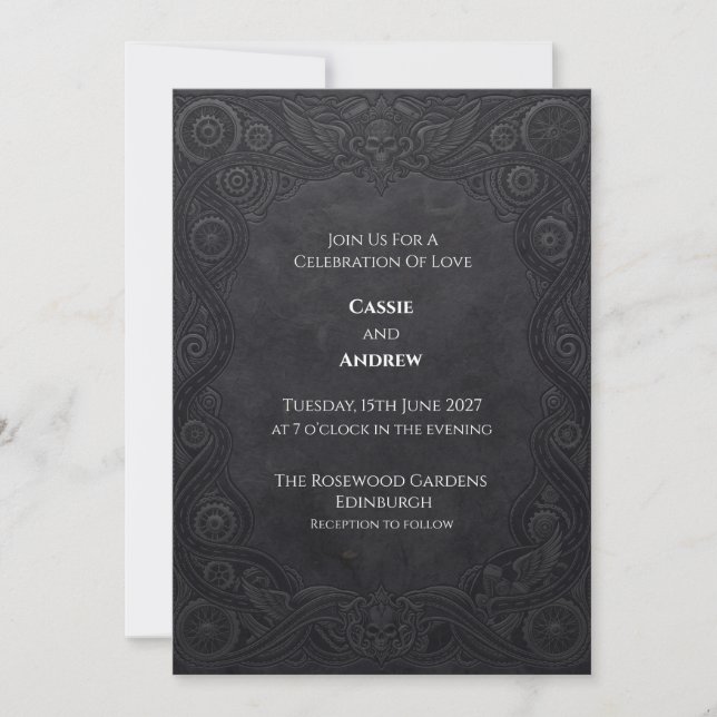 Invitation Mariage gothique steampunk au charbon de bois (Devant)