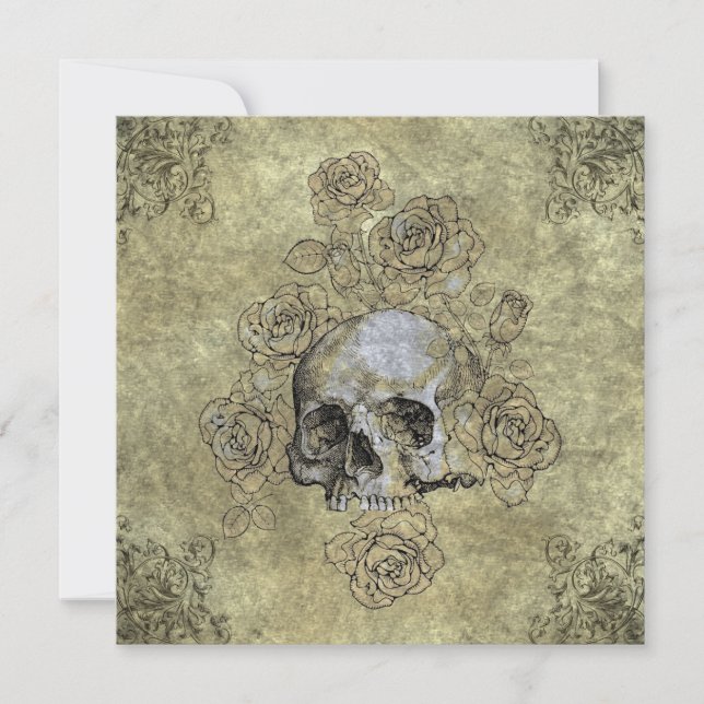 Invitation Mariage gothique Steampunk Crâne et Roses (Devant)