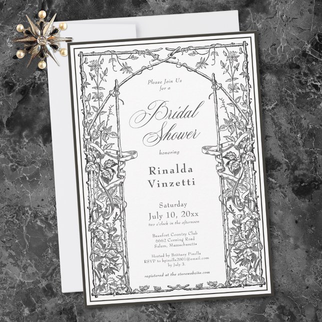 Invitation Mariage gothique sur thème botanique rétro (Black Vintage Botanical Trellis Bridal Shower Invitation)
