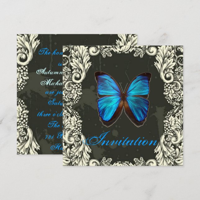 Invitation Mariage gothique tourbillons papillon bleu steampu (Devant / Derrière)
