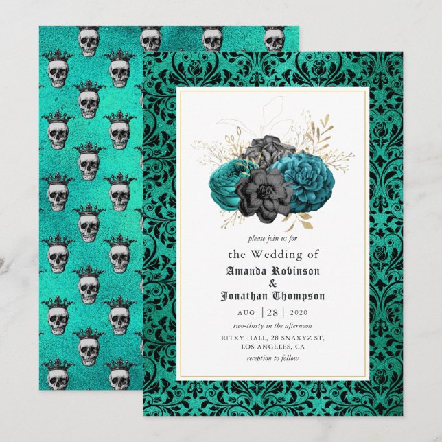 Invitation Mariage gothique turquoise, noir et or (Devant / Derrière)