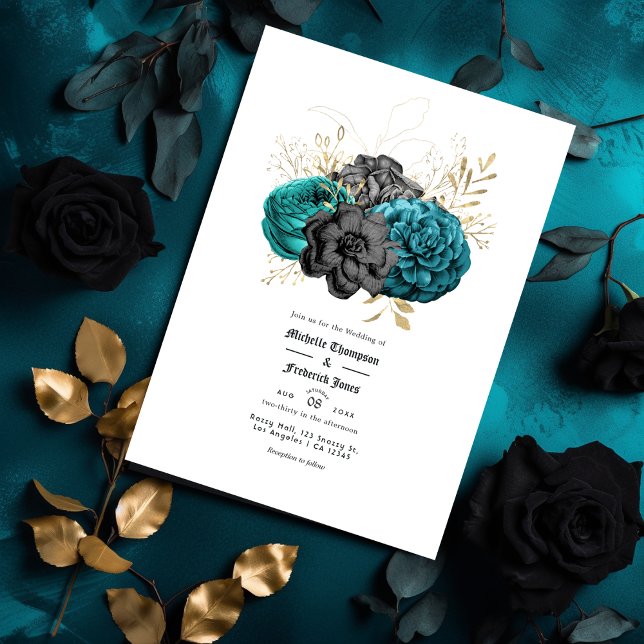 Invitation Mariage gothique turquoise, noir et or (Créateur téléchargé)