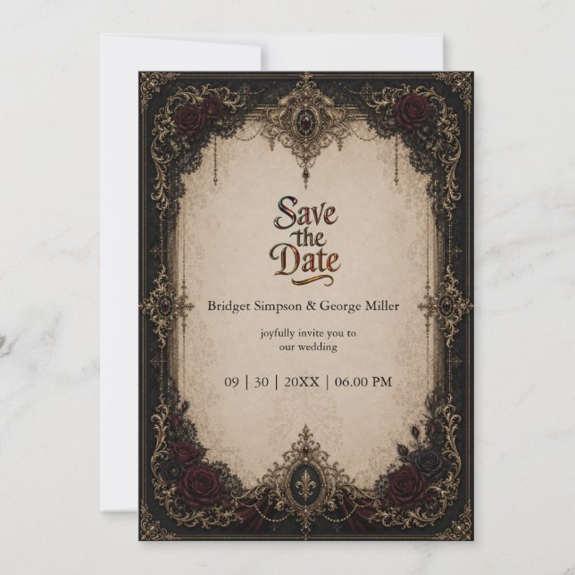 Invitation Mariage gothique victorien baroque médiéval or (Devant)
