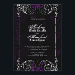 Invitation Mariage gothique victorien Éffrayant violet Invita<br><div class="desc">Ces invitations de mariage gothique, noir et blanc et violet sont parfaites pour les mariages d'Halloween, avec un cadre tourbillonnant orné, à l'ancienne, fêlé avec l'âge, recouvert de toiles éffrayantes, contre un arrière - plan légèrement texturé, maussade et noir. Le texte est une combinaison de script grunge, classique facile à...</div>