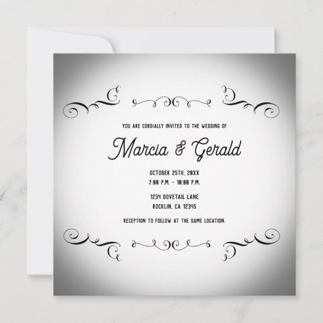 Invitation Mariage gothique vintage ornemental noir et blanc (Devant)