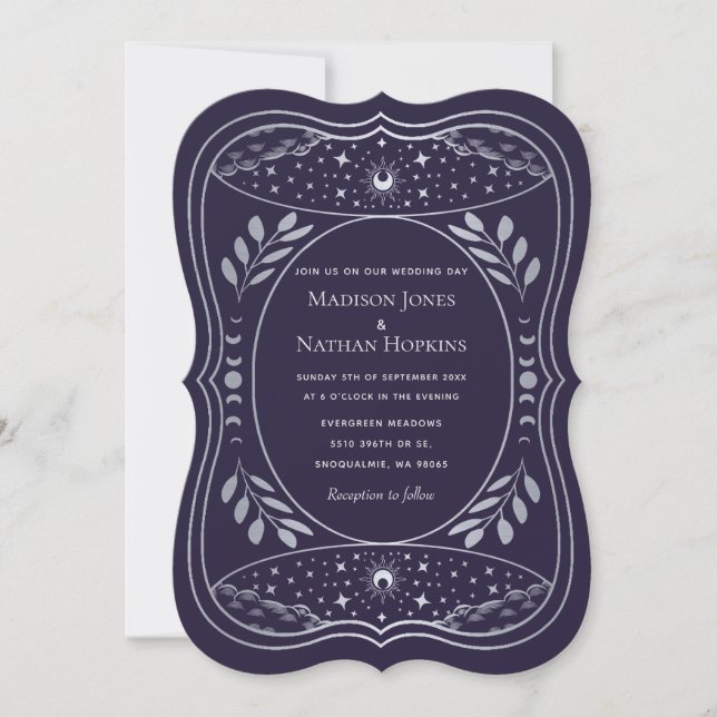 Invitation Mariage gothique vintage tarot argent et violet  (Devant)