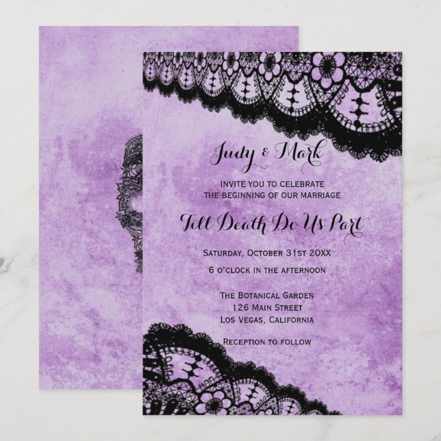 Invitation Mariage Gothique Violet Grunge Broderie Noire (Devant / Derrière)
