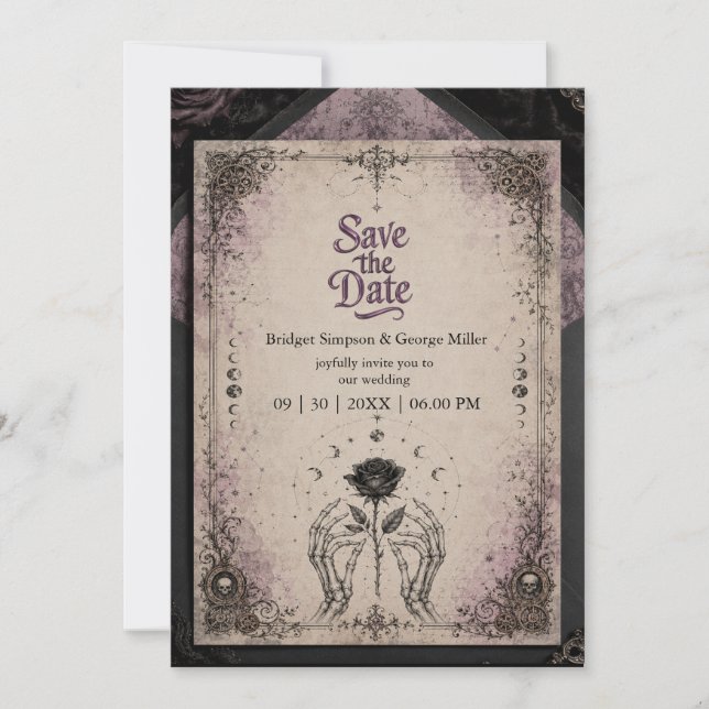 Invitation Mariage Gothique Violet Médiéval Rose Crâne Lune (Devant)