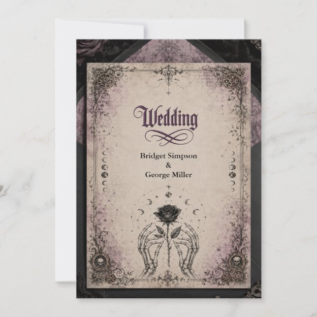 Invitation Mariage Gothique Violet Médiéval Rose Crâne Lune (Devant)