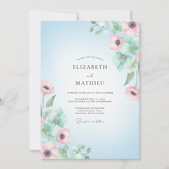 Invitation Mariage gracieux de l'anémone bleu ciel (Devant)