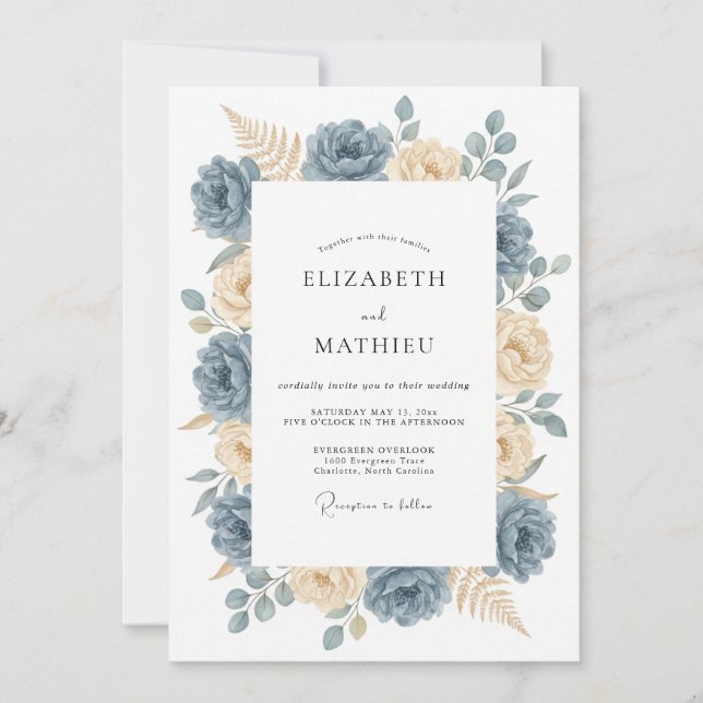 Invitation Mariage gracieux de nature bleu ardoise (Devant)