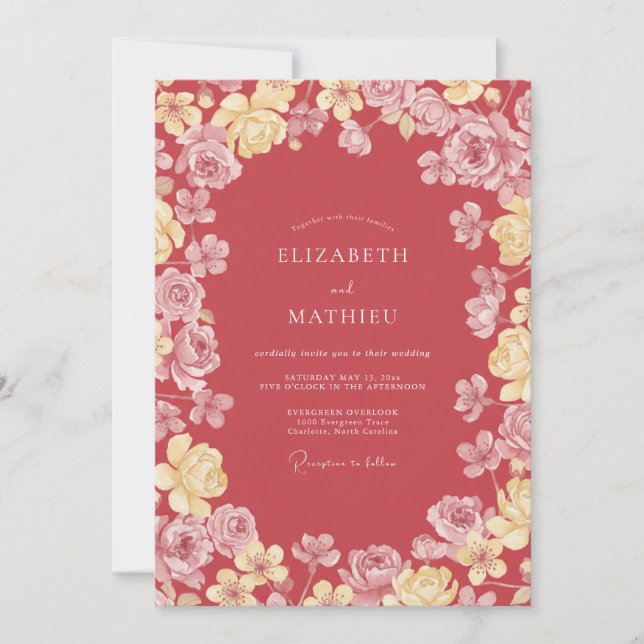Invitation Mariage gracieux de printemps rouge corail (Devant)