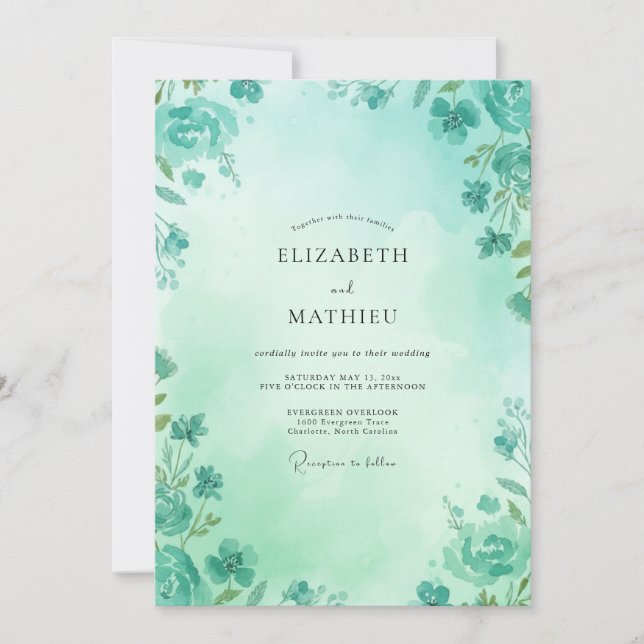 Invitation Mariage gracieux de teinte sarcelle au bord de la  (Devant)