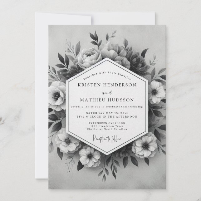Invitation Mariage Grand Botanique Gris Charbon (Devant)
