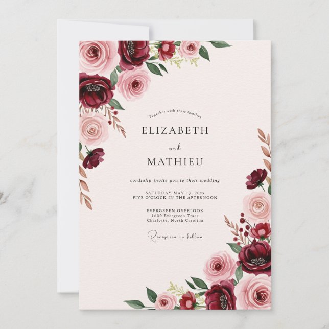 Invitation Mariage Grand Floral Bourgogne (Devant)