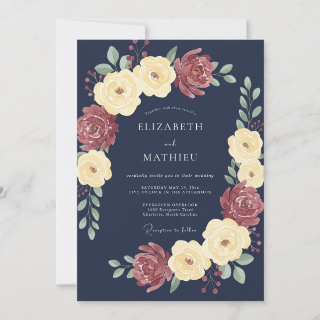 Invitation Mariage Grande Rose Bleu Marine (Devant)