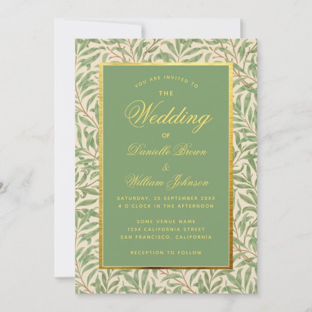 Invitation Mariage Green Faux Gold Green Foliage Feuilles (Devant)