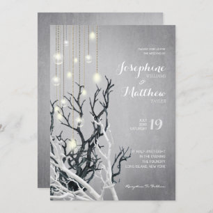 Invitation Mariage gris à chaîne cristalline à branche blanch