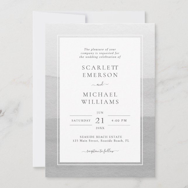 Invitation Mariage Gris Aquarelle Moderne (Devant)
