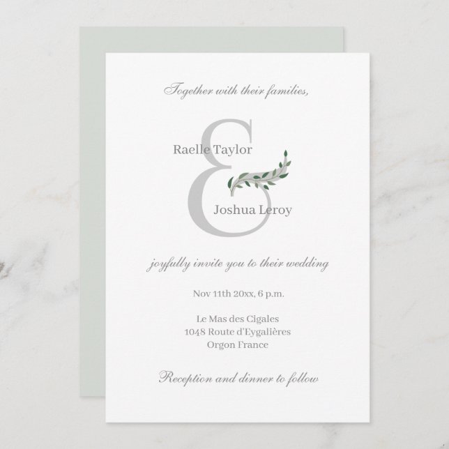 Invitation Mariage gris blanc d'Eucalyptus Feuilles (Devant / Derrière)