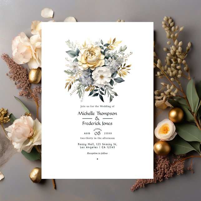 Invitation Mariage Gris Clair, Feuillage et Or à Faux Feuille (Créateur téléchargé)