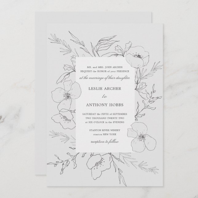 Invitation Mariage gris de Peony esquissé à la main (Devant / Derrière)