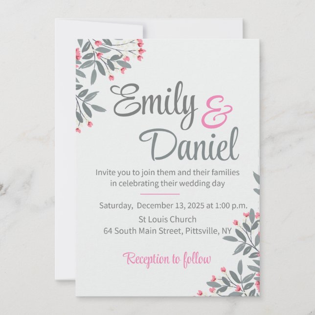 Invitation Mariage gris et rose (Devant)