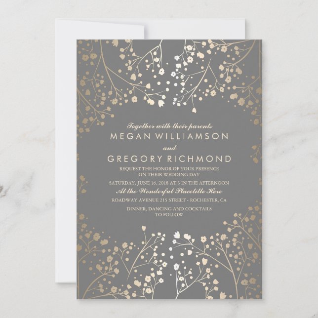 Invitation Mariage gris floral de l'haleine de Gold Baby (Devant)