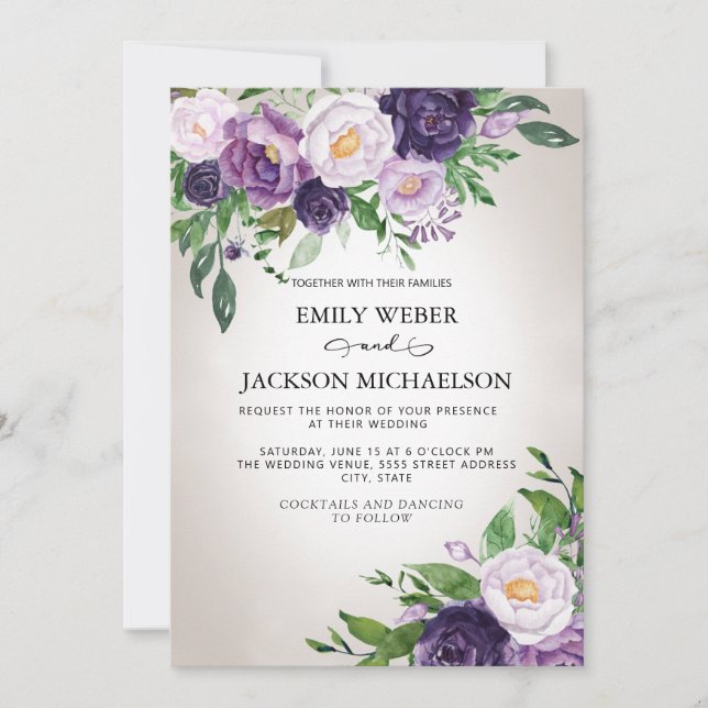 Invitation Mariage Gris Lavande Violet Prune Végétal (Devant)