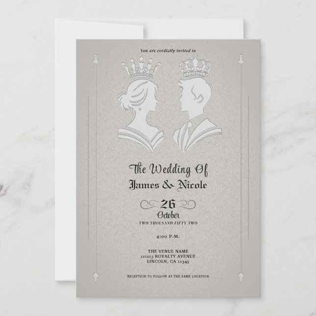 Invitation Mariage gris moderne de roi et reine royaux (Devant)