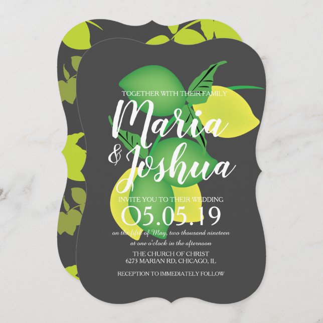 Invitation Mariage gris Motif citron vert frais (Devant / Derrière)