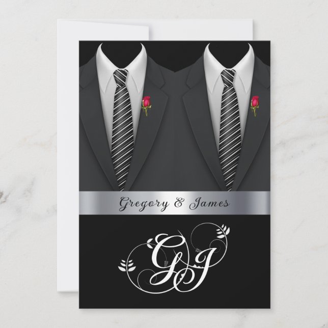 Invitation Mariage gris noir Tuxedos Roses rouges (Devant)