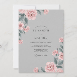 Invitation Mariage Gris Pâle Rose Pétales